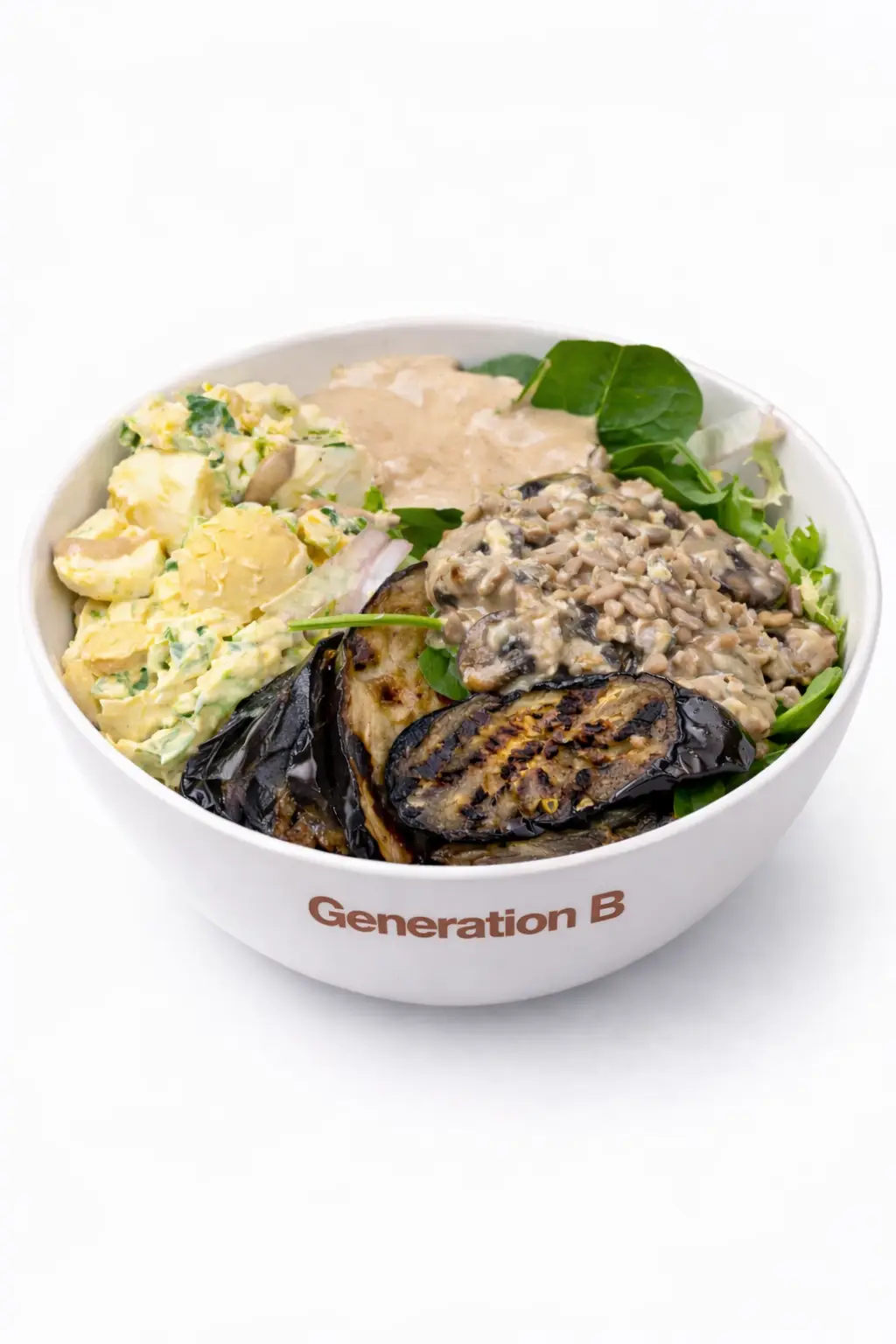 Comer sin gluten sin renunciar al sabor: nuestra filosofía en Generation B 5 Bowl Middle East sin gluten con setas al tahini, egg salad y berenjena grill